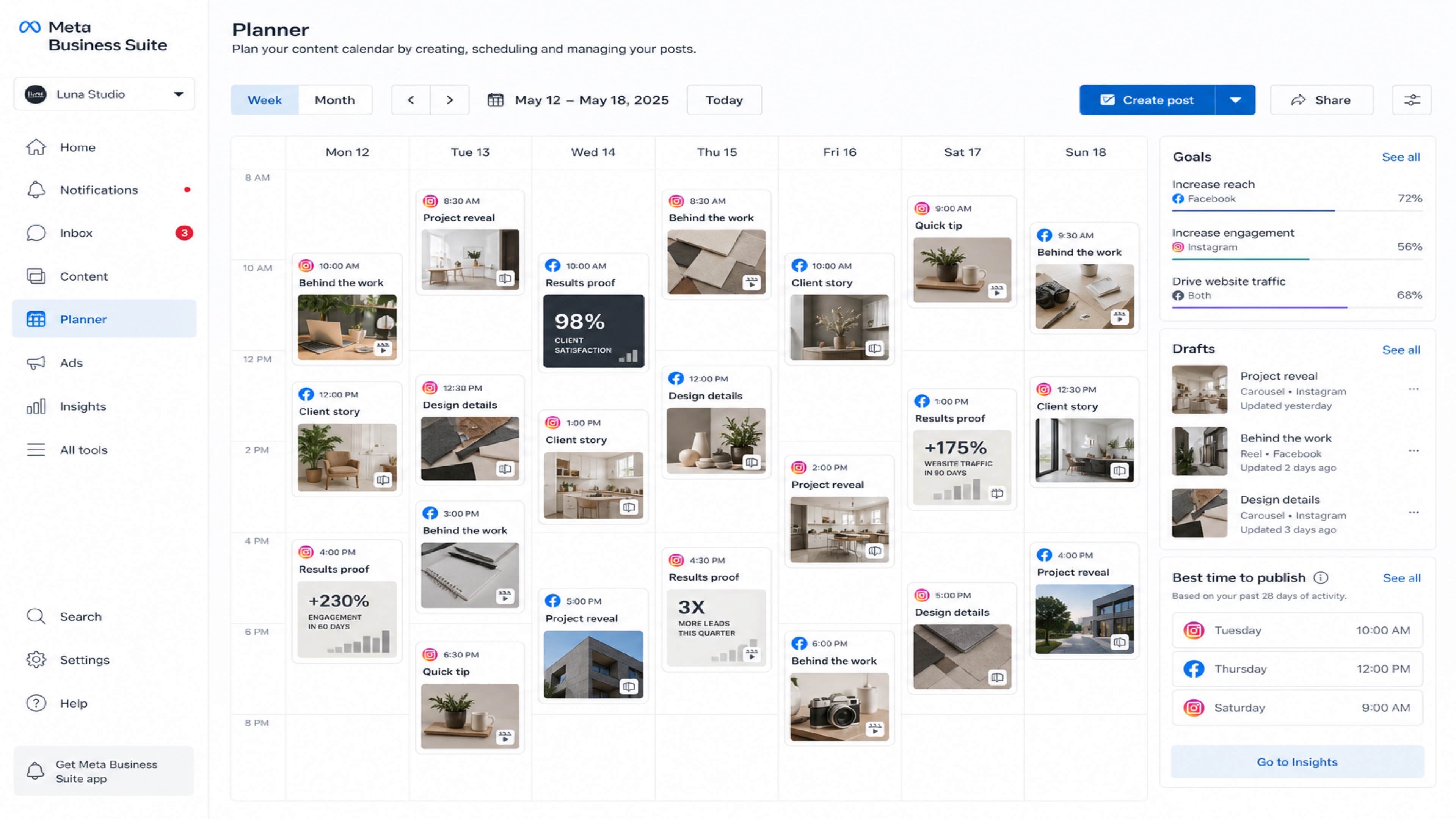 Meta Business Suite weekly planner filled with scheduled social media content