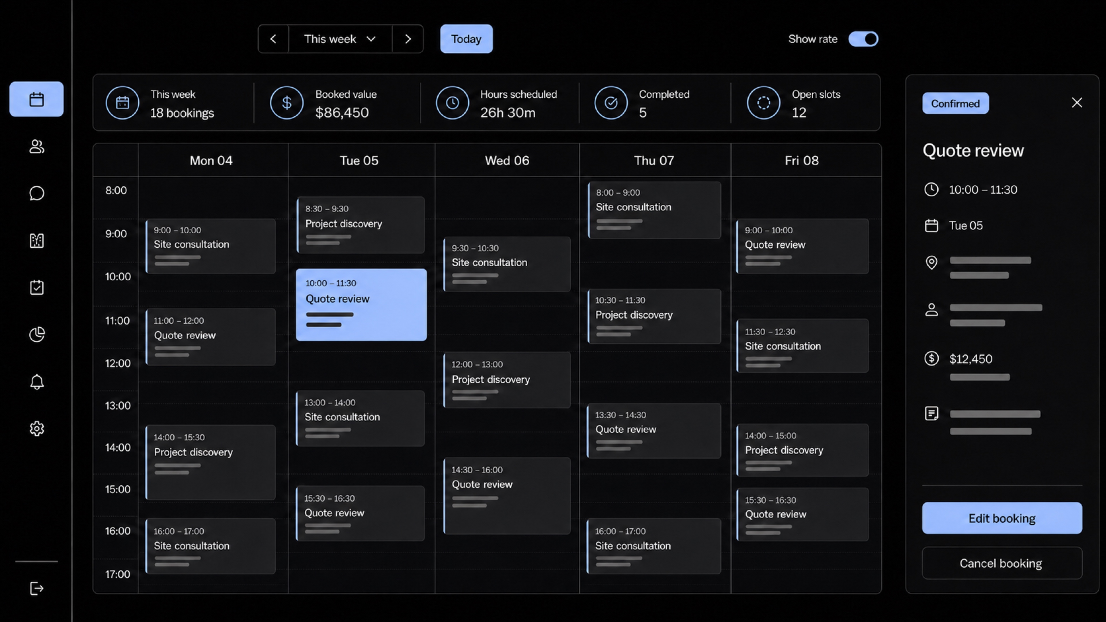 Zafe weekly bookings calendar with quote and site consultation appointments
