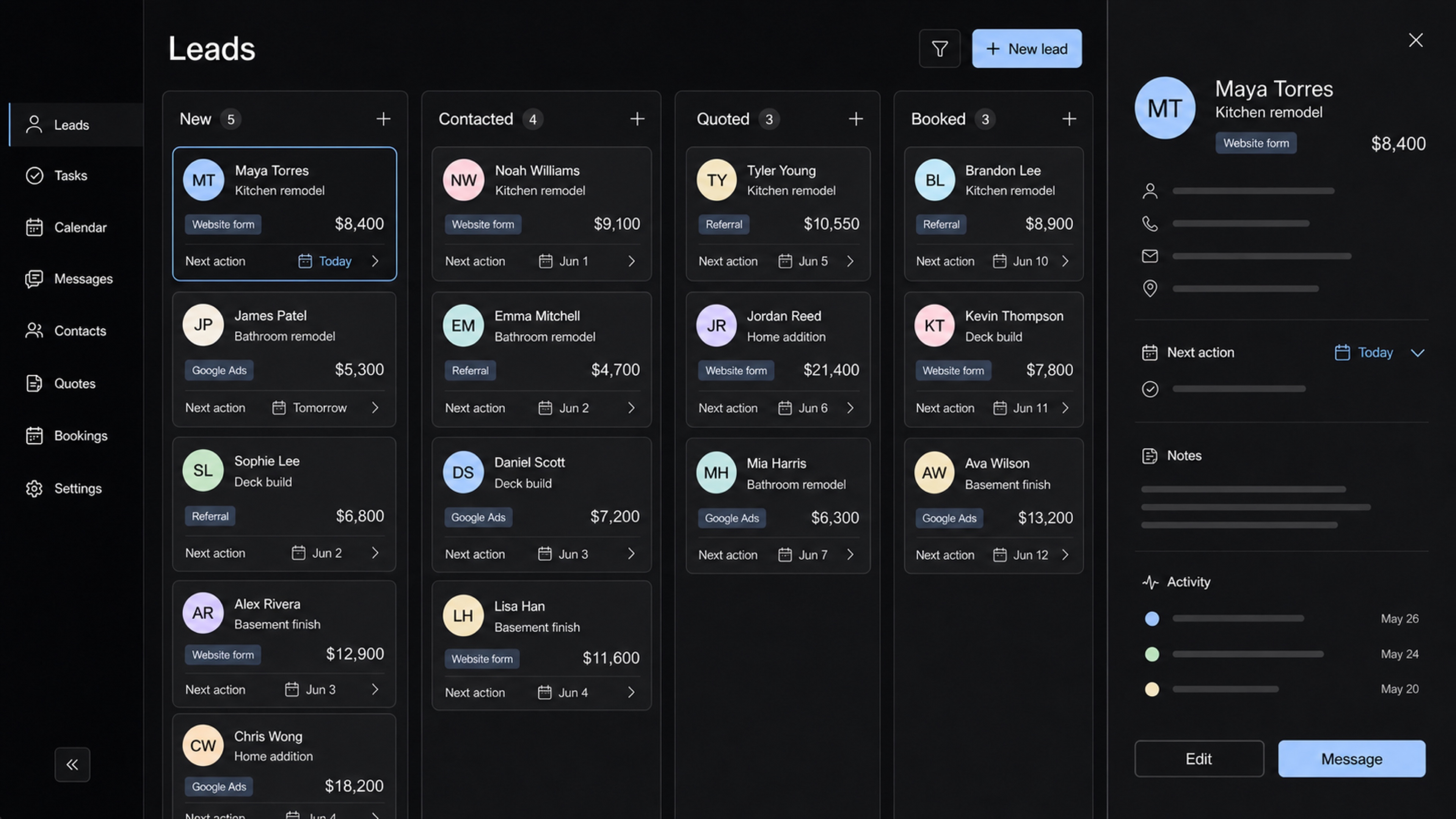 Zafe lead pipeline with kanban cards and selected lead details
